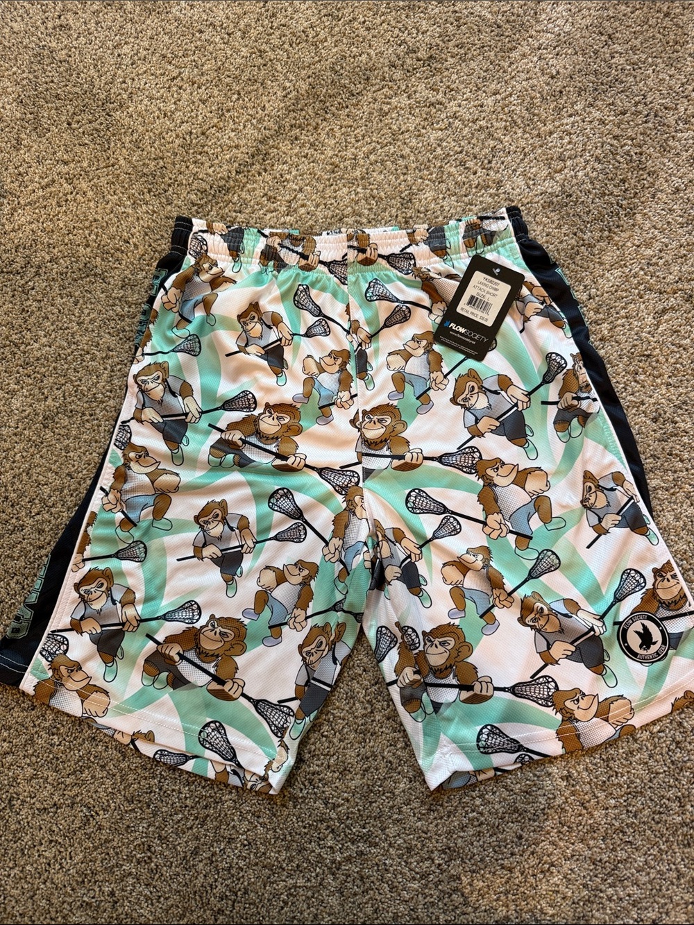 NWT Flow Society Champion Mint & White Monkey Lacrosse Print Shorts Youth L